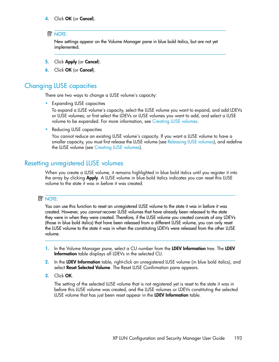 Changing luse capacities, Resetting unregistered luse volumes, 193 resetting unregistered luse volumes | Setting unregistered luse volumes, Resetting, Unregistered luse volumes, Resetting unregistered, Luse volumes | HP StorageWorks XP Remote Web Console Software User Manual | Page 193 / 250