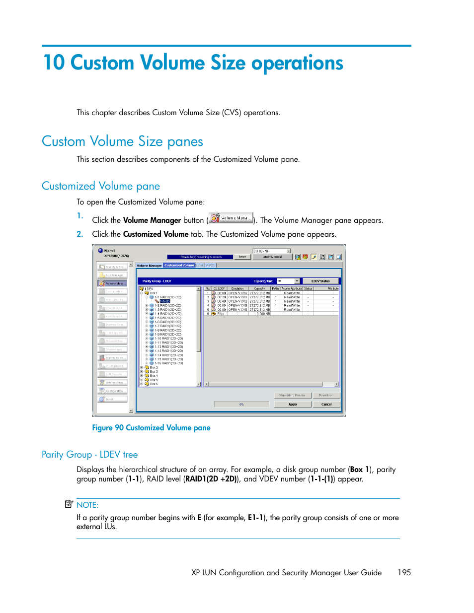 10 custom volume size operations, Custom volume size panes, Customized volume pane | Parity group - ldev tree | HP StorageWorks XP Remote Web Console Software User Manual | Page 195 / 250