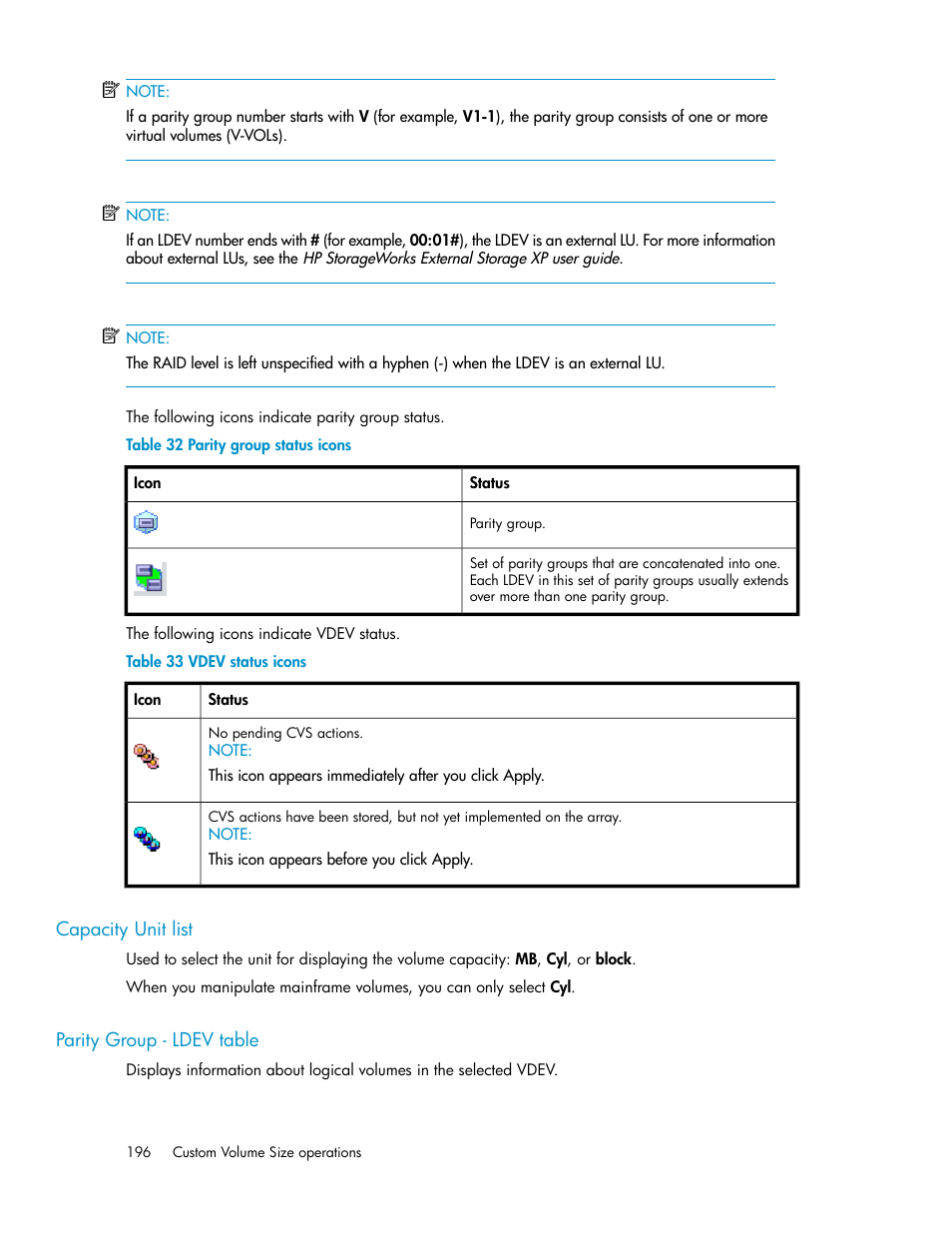 Capacity unit list, Parity group - ldev table, 196 parity group - ldev table | Parity group status icons, Vdev status icons | HP StorageWorks XP Remote Web Console Software User Manual | Page 196 / 250