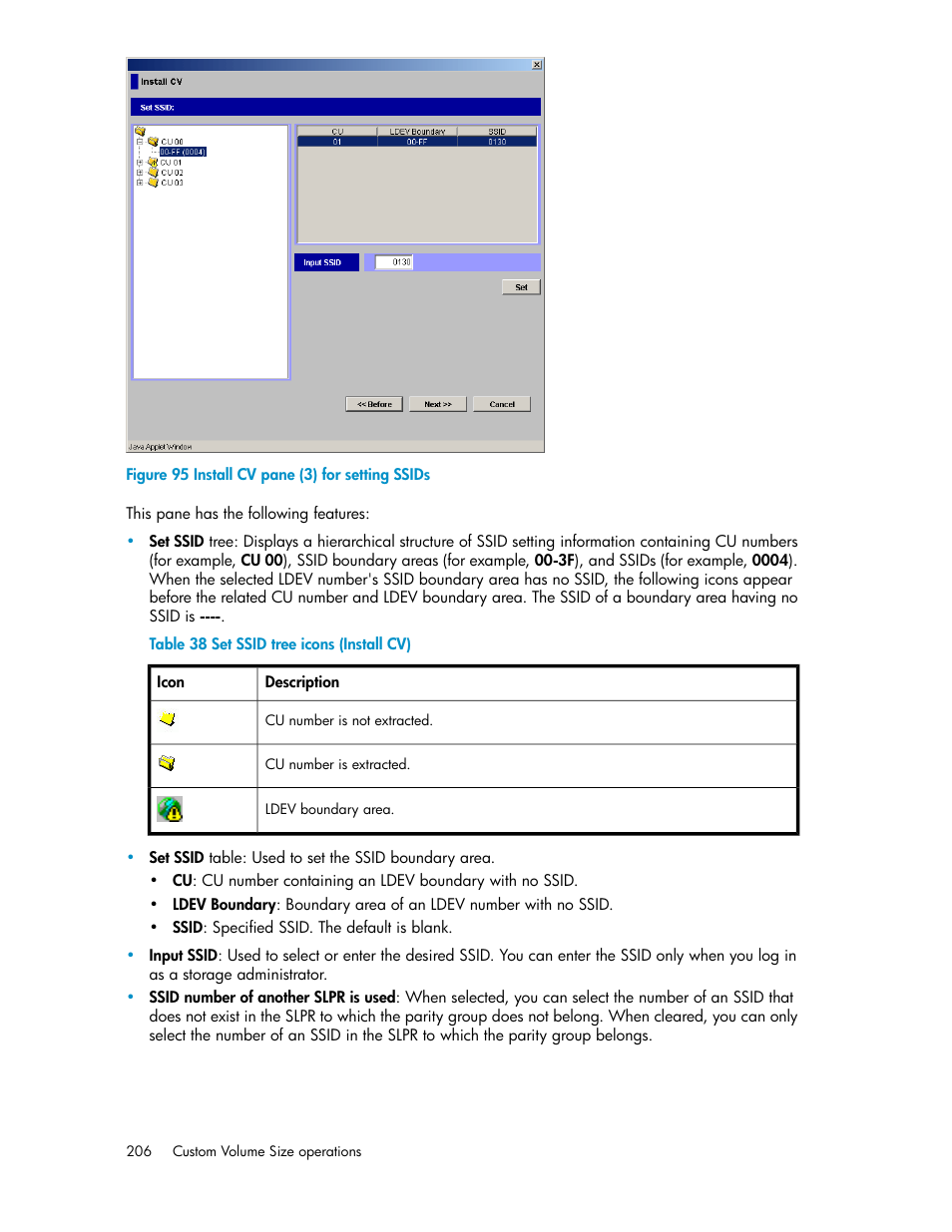 Install cv pane (3) for setting ssids, Set ssid tree icons (install cv) | HP StorageWorks XP Remote Web Console Software User Manual | Page 206 / 250