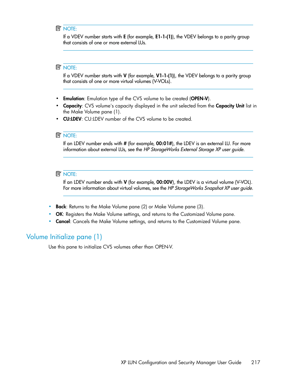 Volume initialize pane (1) | HP StorageWorks XP Remote Web Console Software User Manual | Page 217 / 250