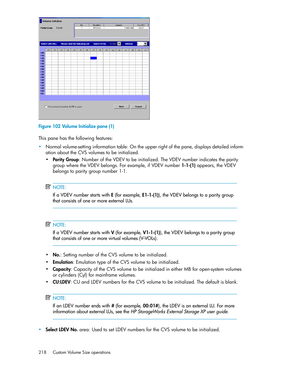 Volume initialize pane (1) | HP StorageWorks XP Remote Web Console Software User Manual | Page 218 / 250