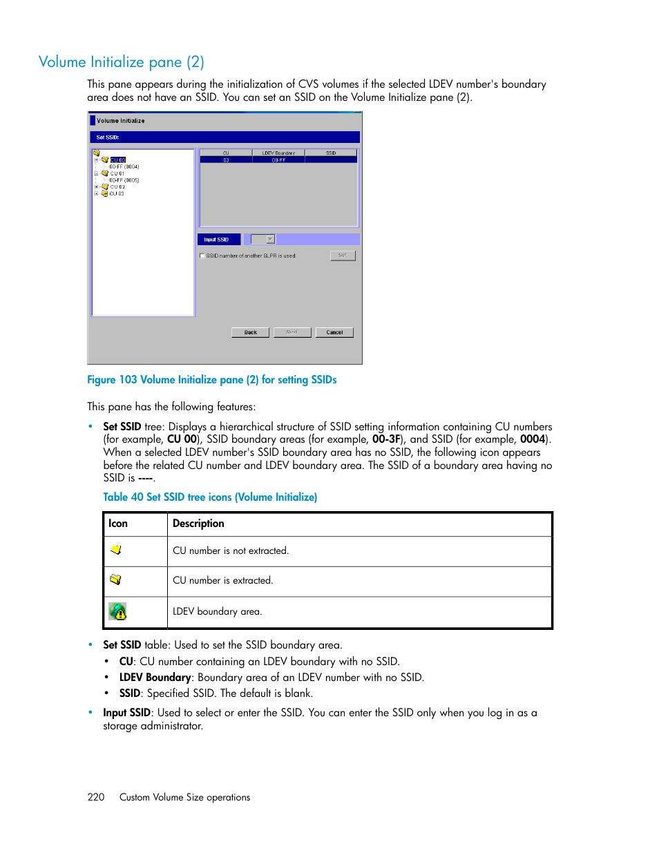 Volume initialize pane (2), Volume initialize pane (2) for setting ssids, Set ssid tree icons (volume initialize) | HP StorageWorks XP Remote Web Console Software User Manual | Page 220 / 250