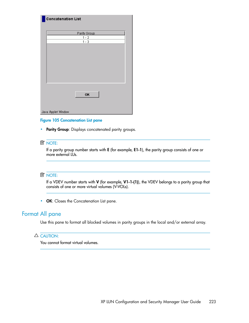 Format all pane, Concatenation list pane | HP StorageWorks XP Remote Web Console Software User Manual | Page 223 / 250