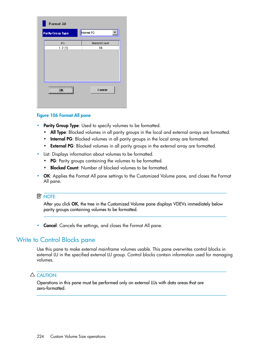 Write to control blocks pane, Format all pane | HP StorageWorks XP Remote Web Console Software User Manual | Page 224 / 250