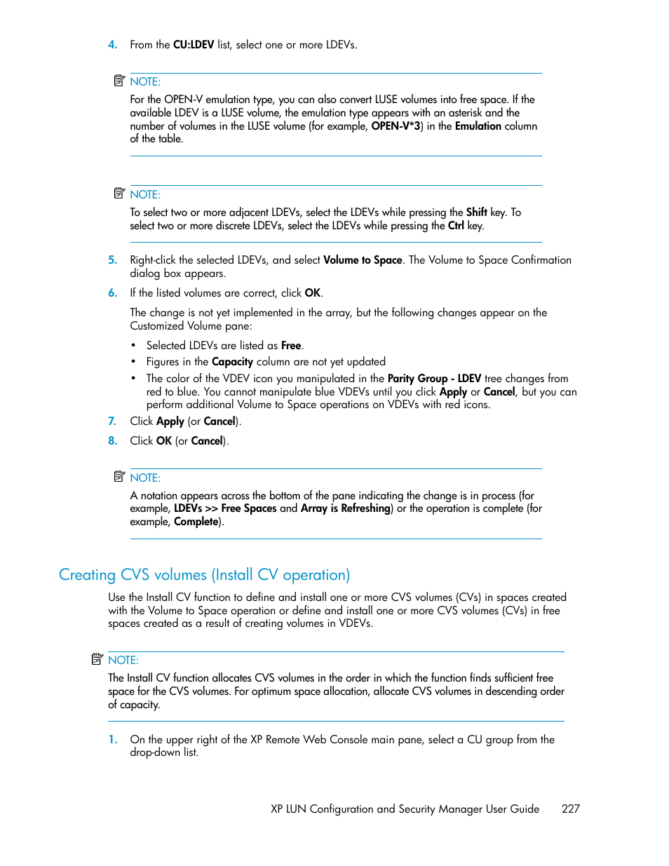 Creating cvs volumes (install cv operation) | HP StorageWorks XP Remote Web Console Software User Manual | Page 227 / 250