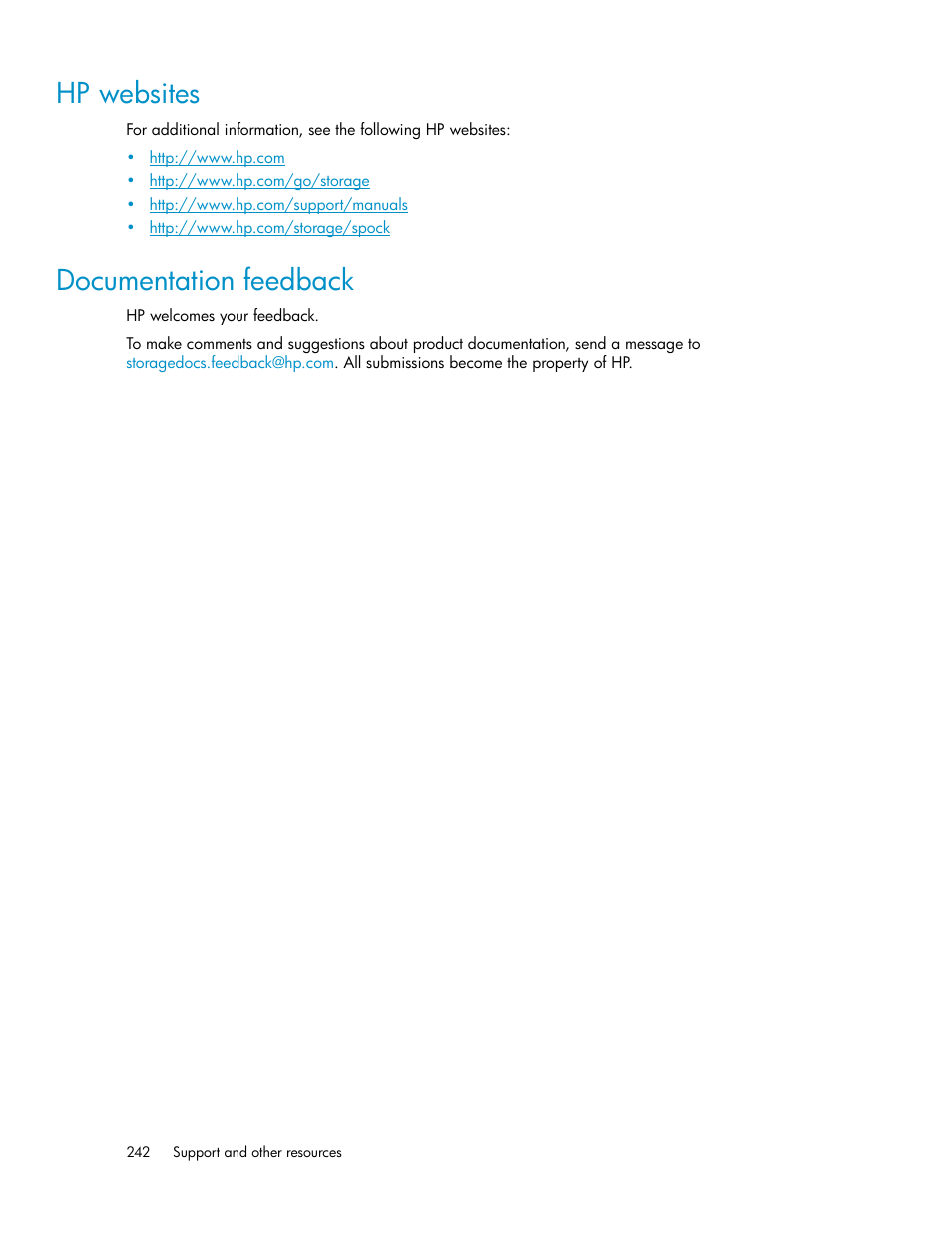 Hp websites, Documentation feedback, 242 documentation feedback | HP StorageWorks XP Remote Web Console Software User Manual | Page 242 / 250