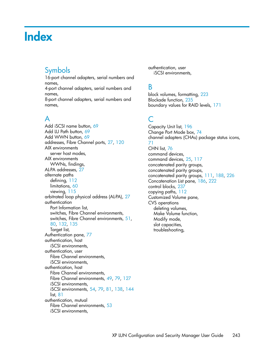 Index, Symbols | HP StorageWorks XP Remote Web Console Software User Manual | Page 243 / 250
