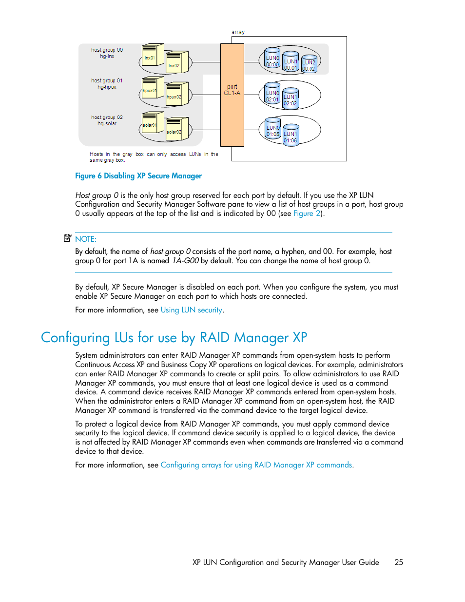 Configuring lus for use by raid manager xp, Disabling xp secure manager | HP StorageWorks XP Remote Web Console Software User Manual | Page 25 / 250