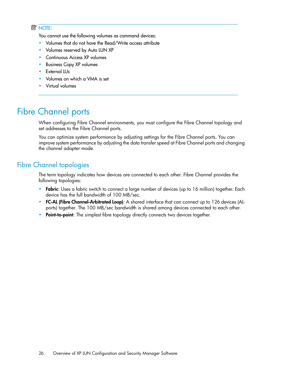 Fibre channel ports, Fibre channel topologies | HP StorageWorks XP Remote Web Console Software User Manual | Page 26 / 250