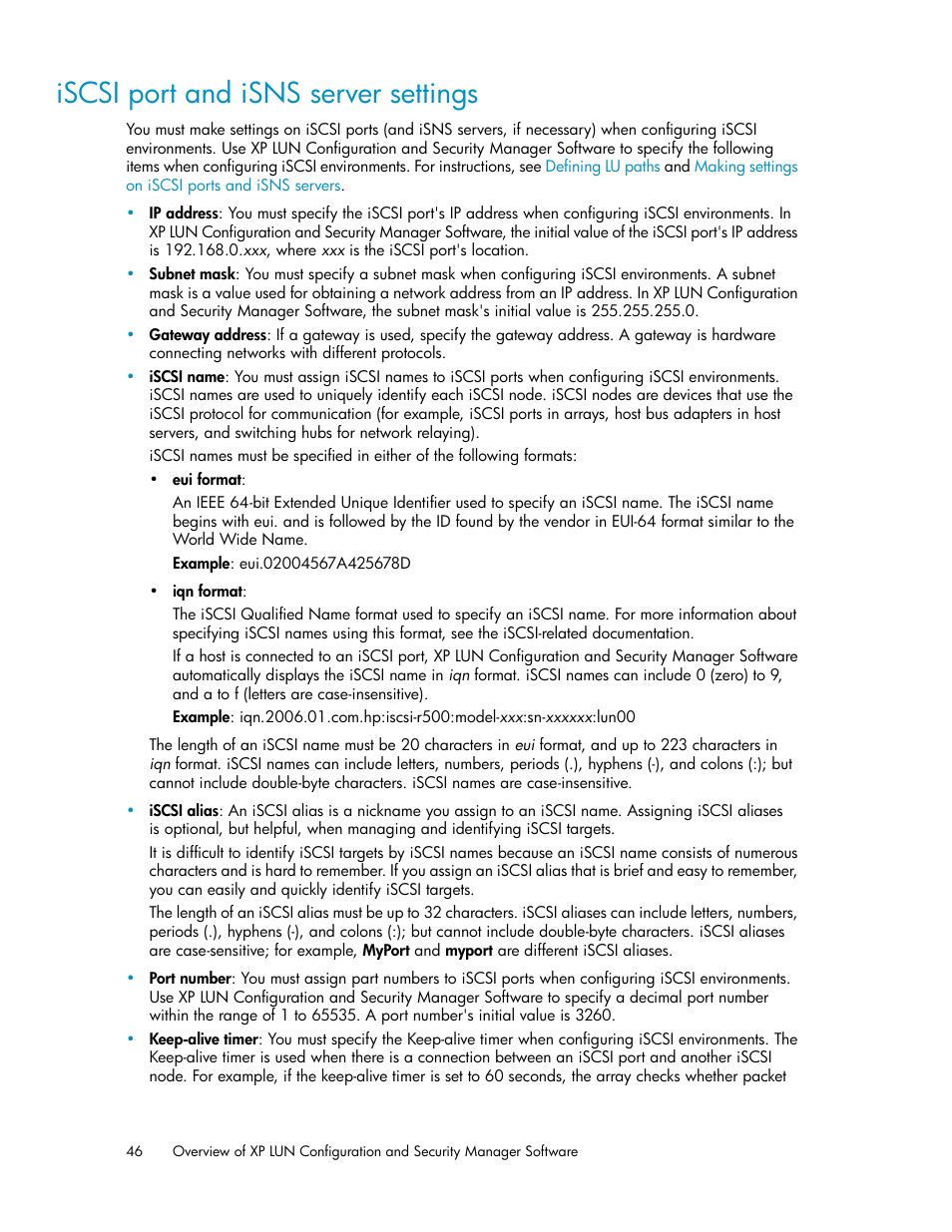 Iscsi port and isns server settings | HP StorageWorks XP Remote Web Console Software User Manual | Page 46 / 250
