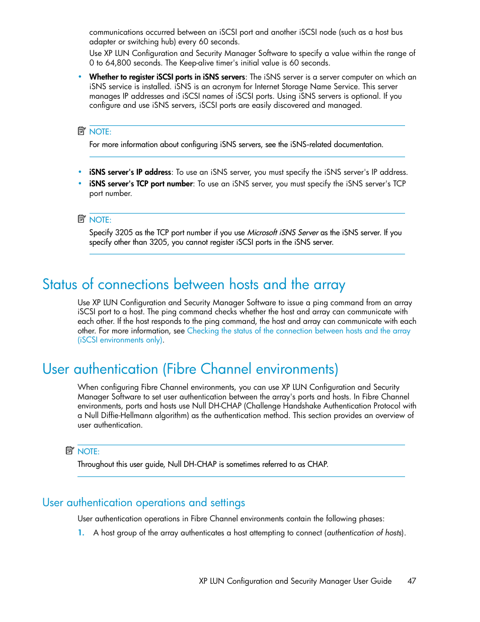 Status of connections between hosts and the array, User authentication (fibre channel environments), User authentication operations and settings | HP StorageWorks XP Remote Web Console Software User Manual | Page 47 / 250