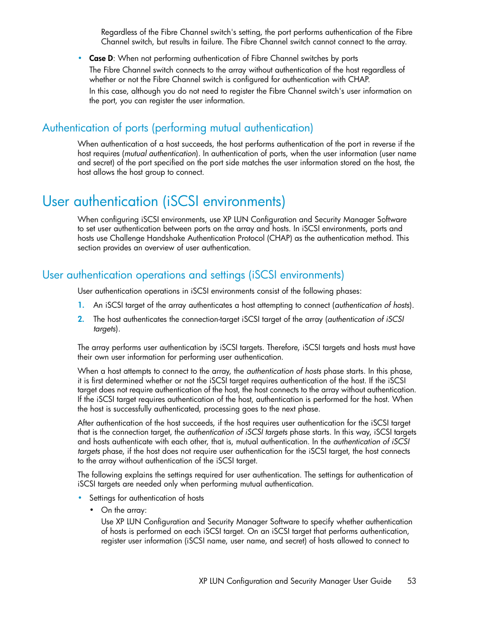 User authentication (iscsi environments) | HP StorageWorks XP Remote Web Console Software User Manual | Page 53 / 250