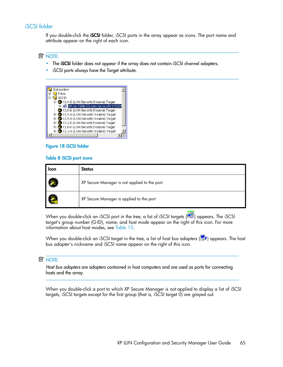 Iscsi folder, Iscsi port icons | HP StorageWorks XP Remote Web Console Software User Manual | Page 65 / 250