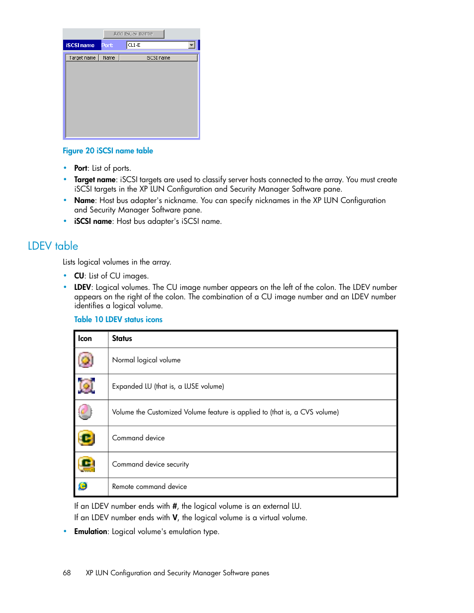 Ldev table, Iscsi name table, Ldev status icons | HP StorageWorks XP Remote Web Console Software User Manual | Page 68 / 250