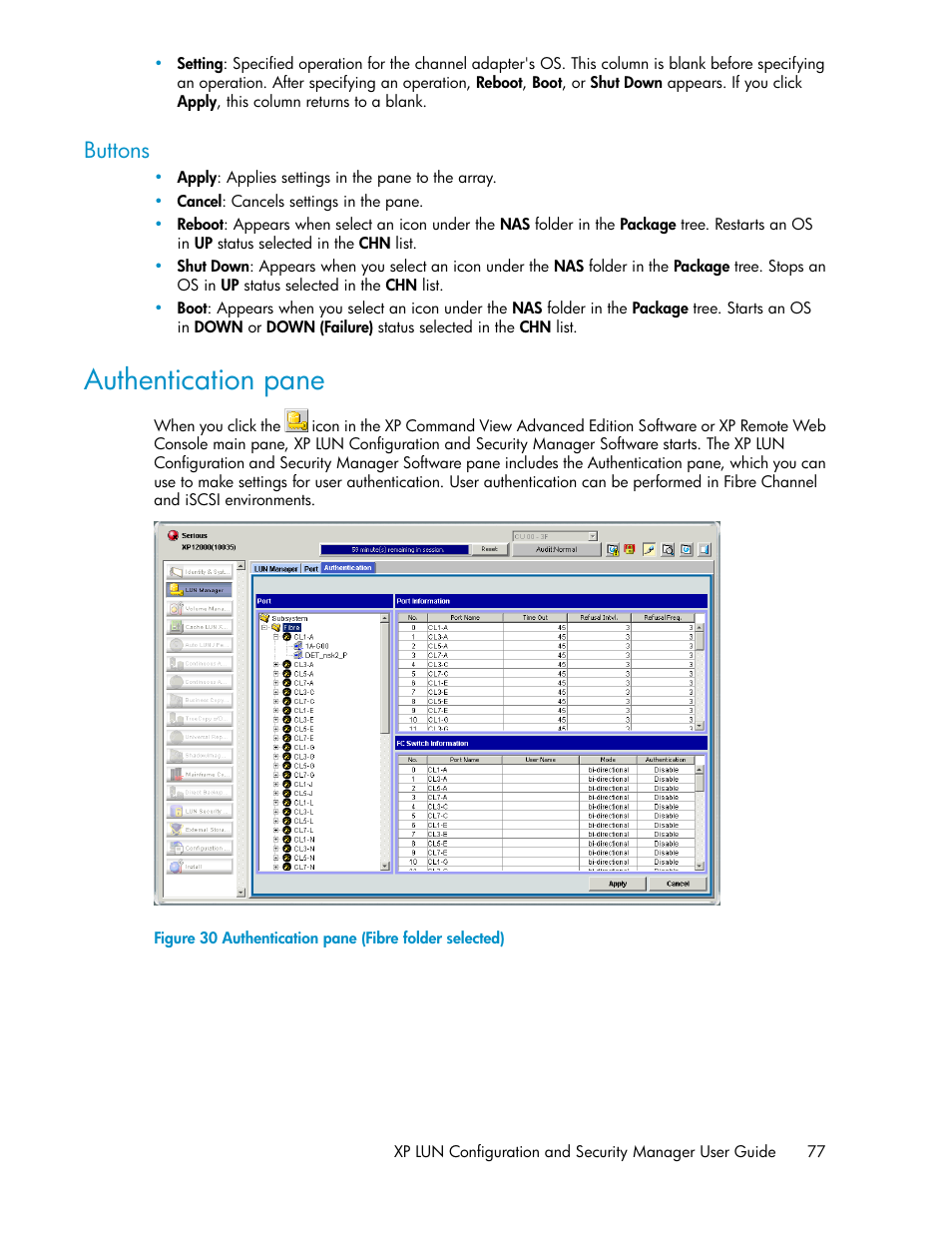 Buttons, Authentication pane, Authentication pane (fibre folder selected) | HP StorageWorks XP Remote Web Console Software User Manual | Page 77 / 250