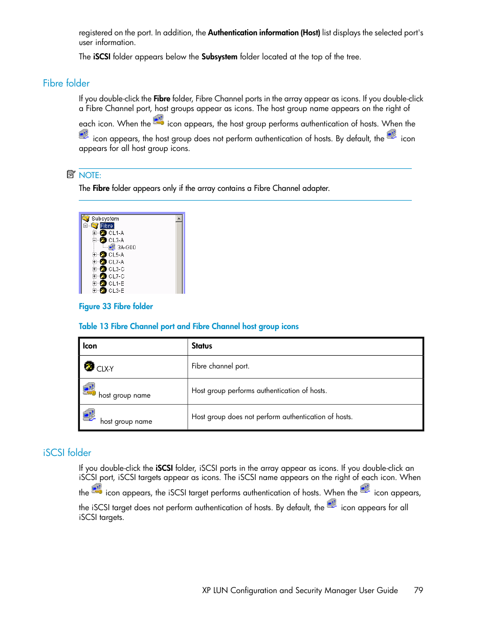 Fibre folder, Iscsi folder, 79 iscsi folder | HP StorageWorks XP Remote Web Console Software User Manual | Page 79 / 250