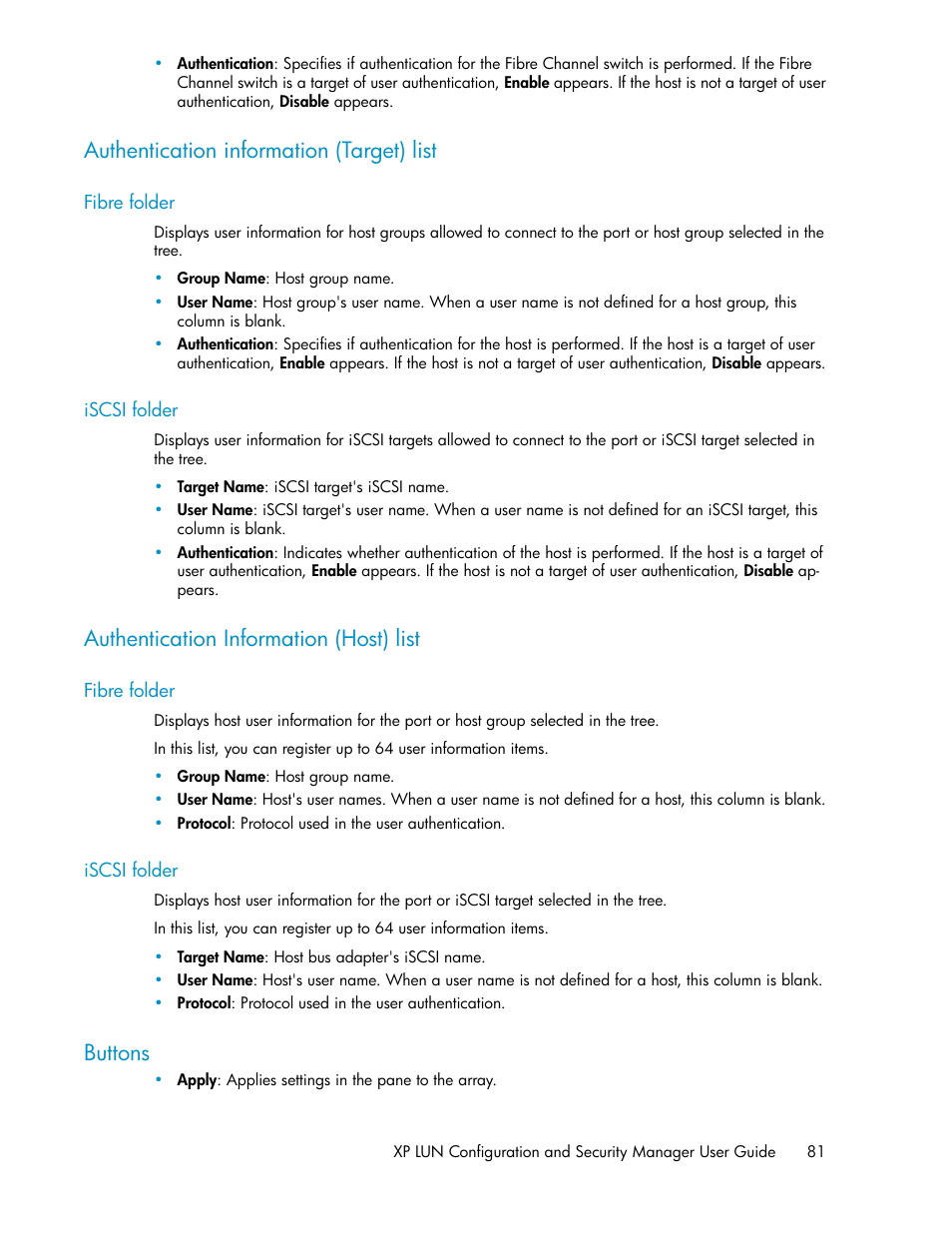 Authentication information (target) list, Fibre folder, Iscsi folder | Authentication information (host) list, Buttons, 81 iscsi folder | HP StorageWorks XP Remote Web Console Software User Manual | Page 81 / 250