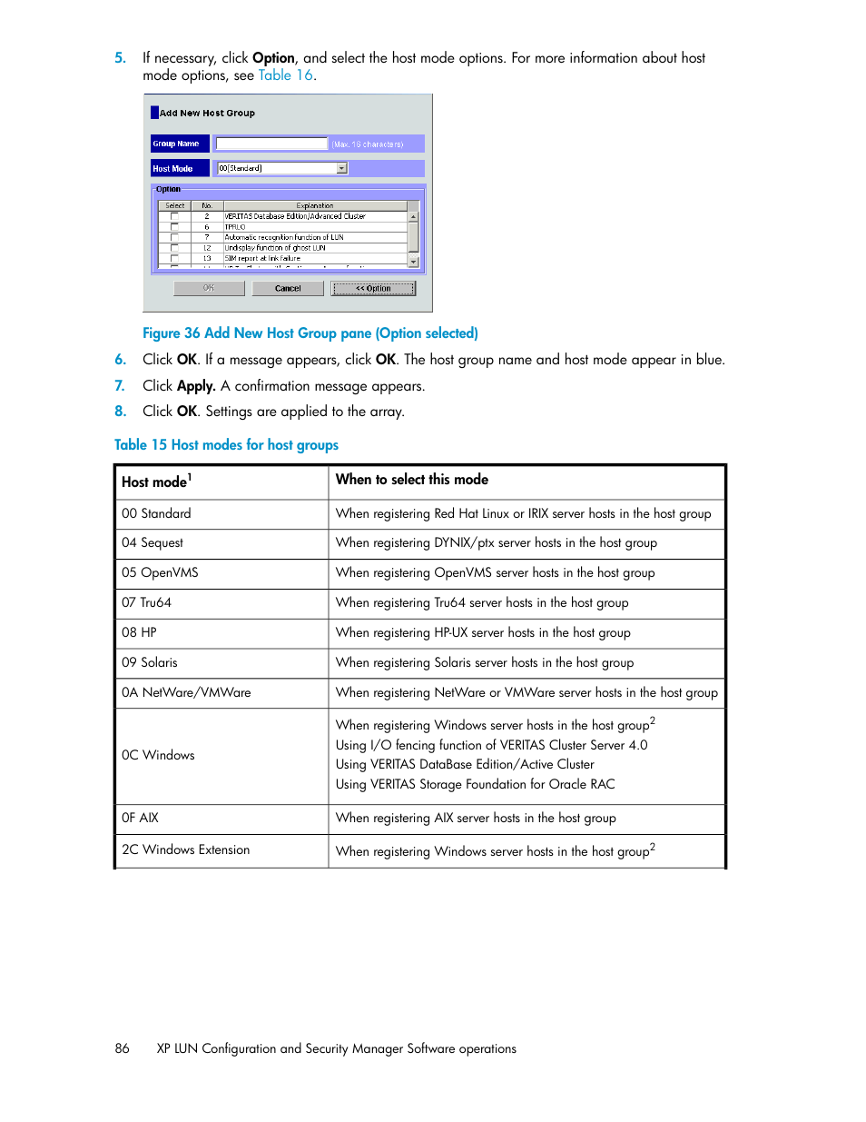 Add new host group pane (option selected), Host modes for host groups | HP StorageWorks XP Remote Web Console Software User Manual | Page 86 / 250