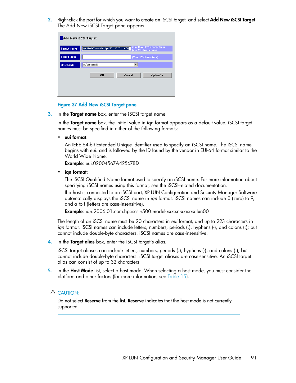 Add new iscsi target pane | HP StorageWorks XP Remote Web Console Software User Manual | Page 91 / 250