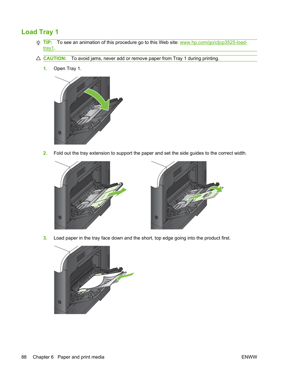 Load tray 1 | HP Color LaserJet CP3520 Printer Series User Manual | Page 100 / 264
