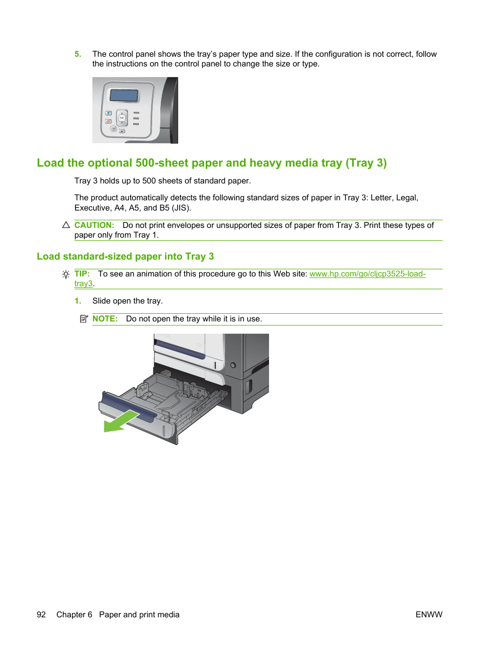 Load standard-sized paper into tray 3 | HP Color LaserJet CP3520 Printer Series User Manual | Page 104 / 264