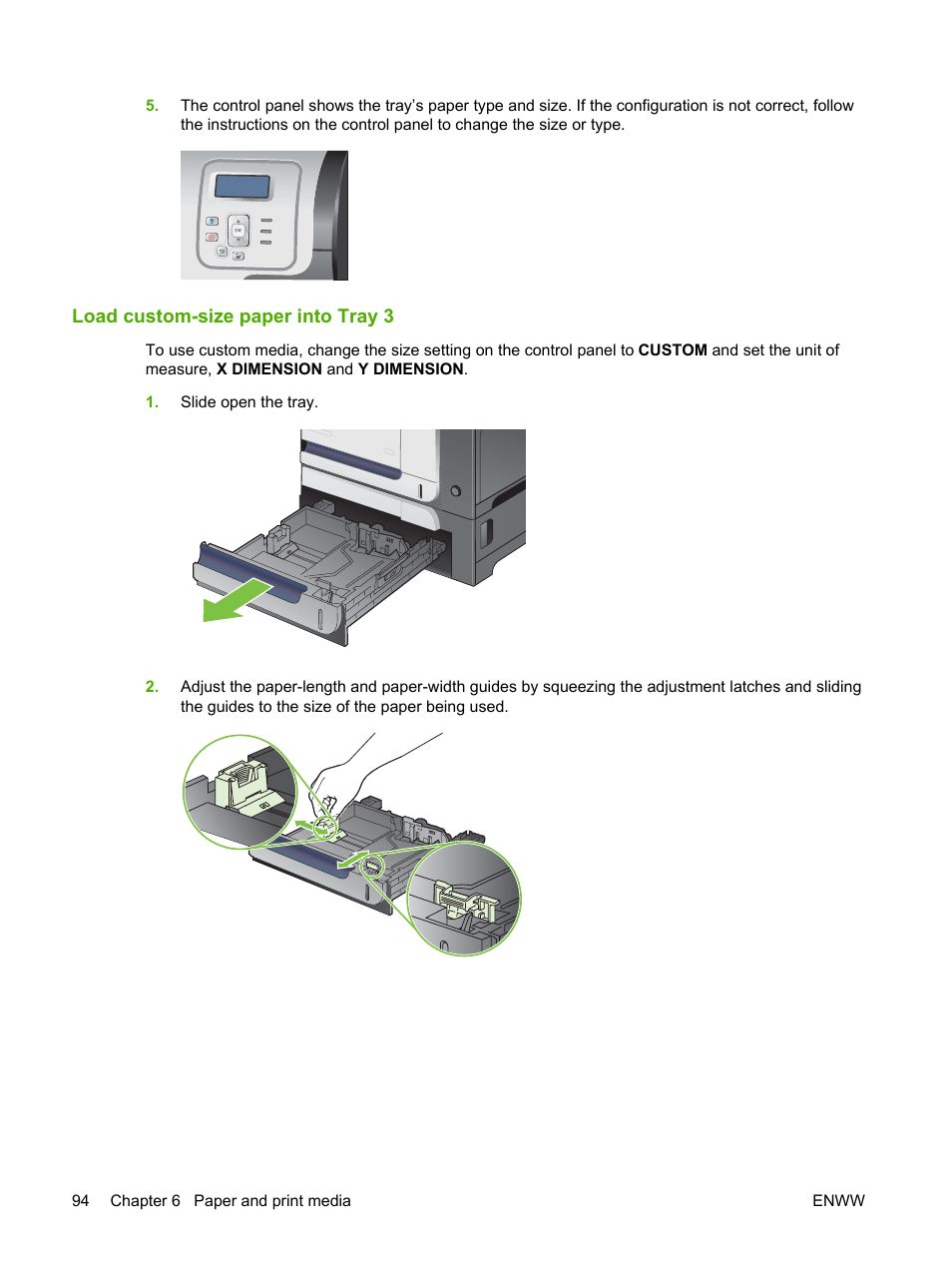 Load custom-size paper into tray 3 | HP Color LaserJet CP3520 Printer Series User Manual | Page 106 / 264