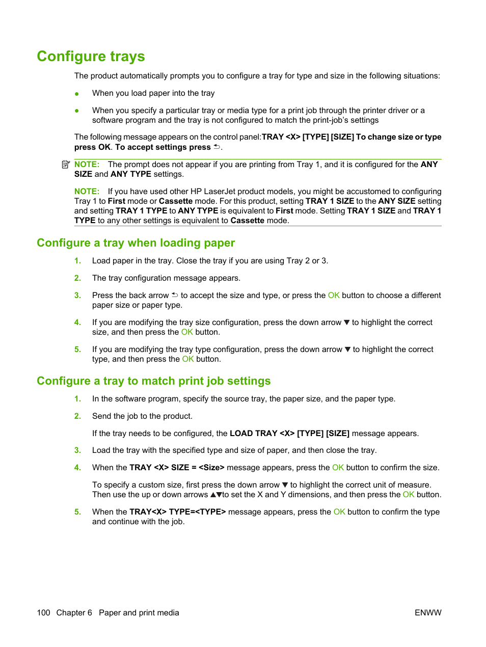 Configure trays, Configure a tray when loading paper, Configure a tray to match print job settings | HP Color LaserJet CP3520 Printer Series User Manual | Page 112 / 264