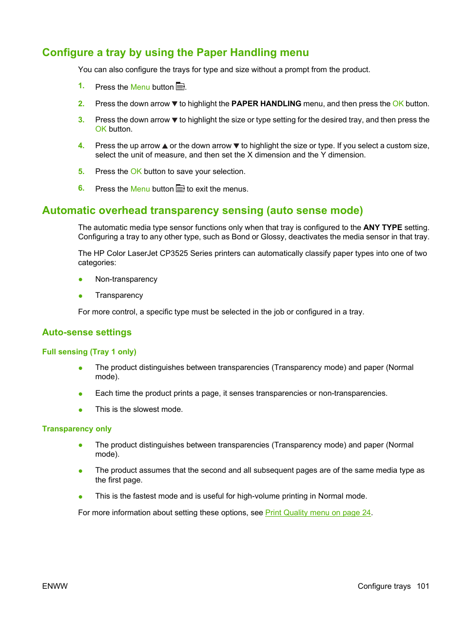 Configure a tray by using the paper handling menu, Auto-sense settings | HP Color LaserJet CP3520 Printer Series User Manual | Page 113 / 264