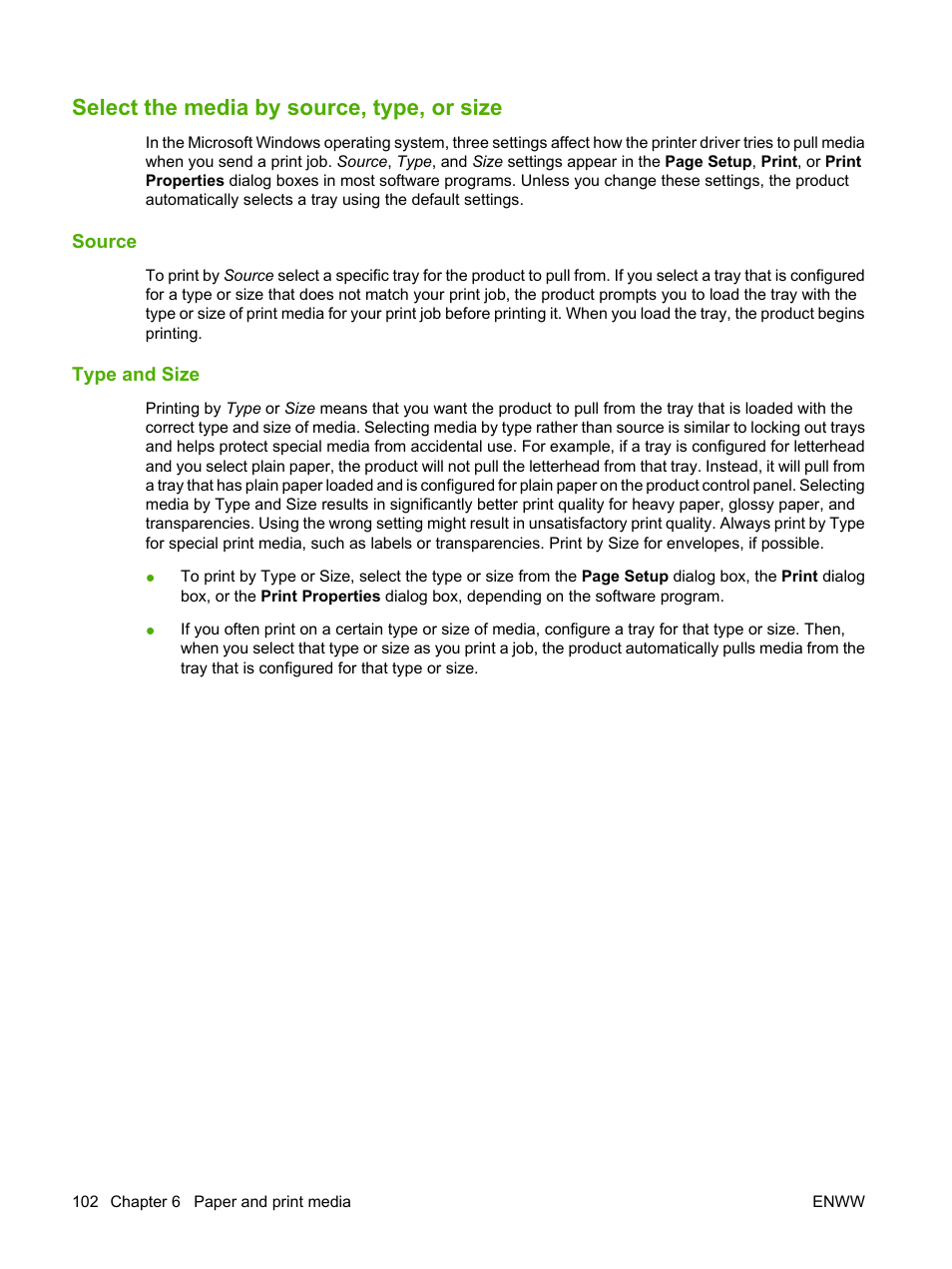 Select the media by source, type, or size, Source, Type and size | Source type and size | HP Color LaserJet CP3520 Printer Series User Manual | Page 114 / 264