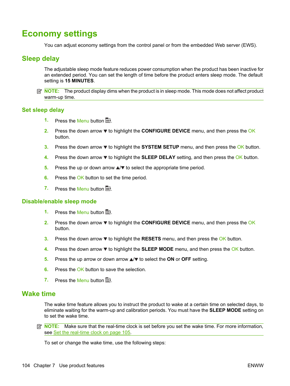 Economy settings, Sleep delay, Set sleep delay | Disable/enable sleep mode, Wake time, Set sleep delay disable/enable sleep mode | HP Color LaserJet CP3520 Printer Series User Manual | Page 116 / 264