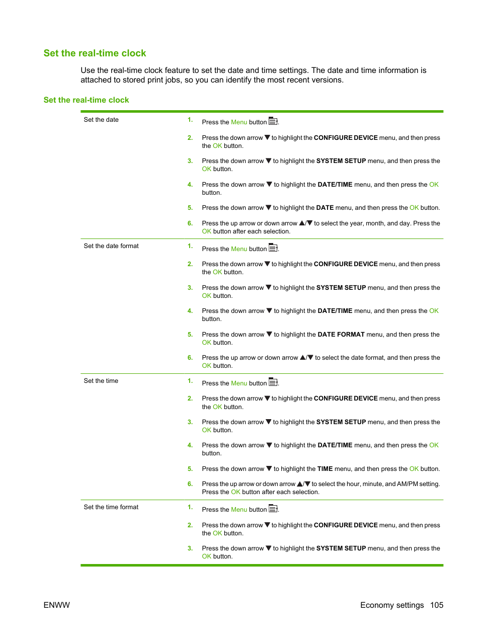 Set the real-time clock, Enww economy settings 105 | HP Color LaserJet CP3520 Printer Series User Manual | Page 117 / 264