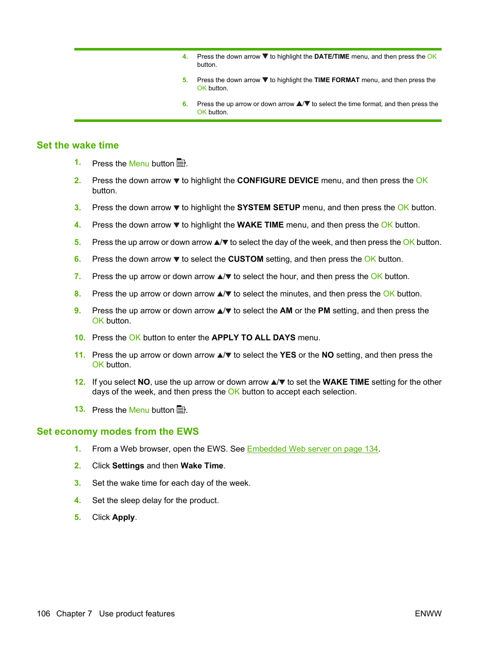 Set the wake time, Set economy modes from the ews, Set the wake time set economy modes from the ews | HP Color LaserJet CP3520 Printer Series User Manual | Page 118 / 264