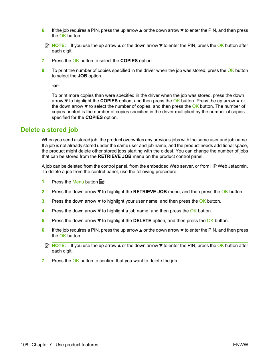 Delete a stored job | HP Color LaserJet CP3520 Printer Series User Manual | Page 120 / 264