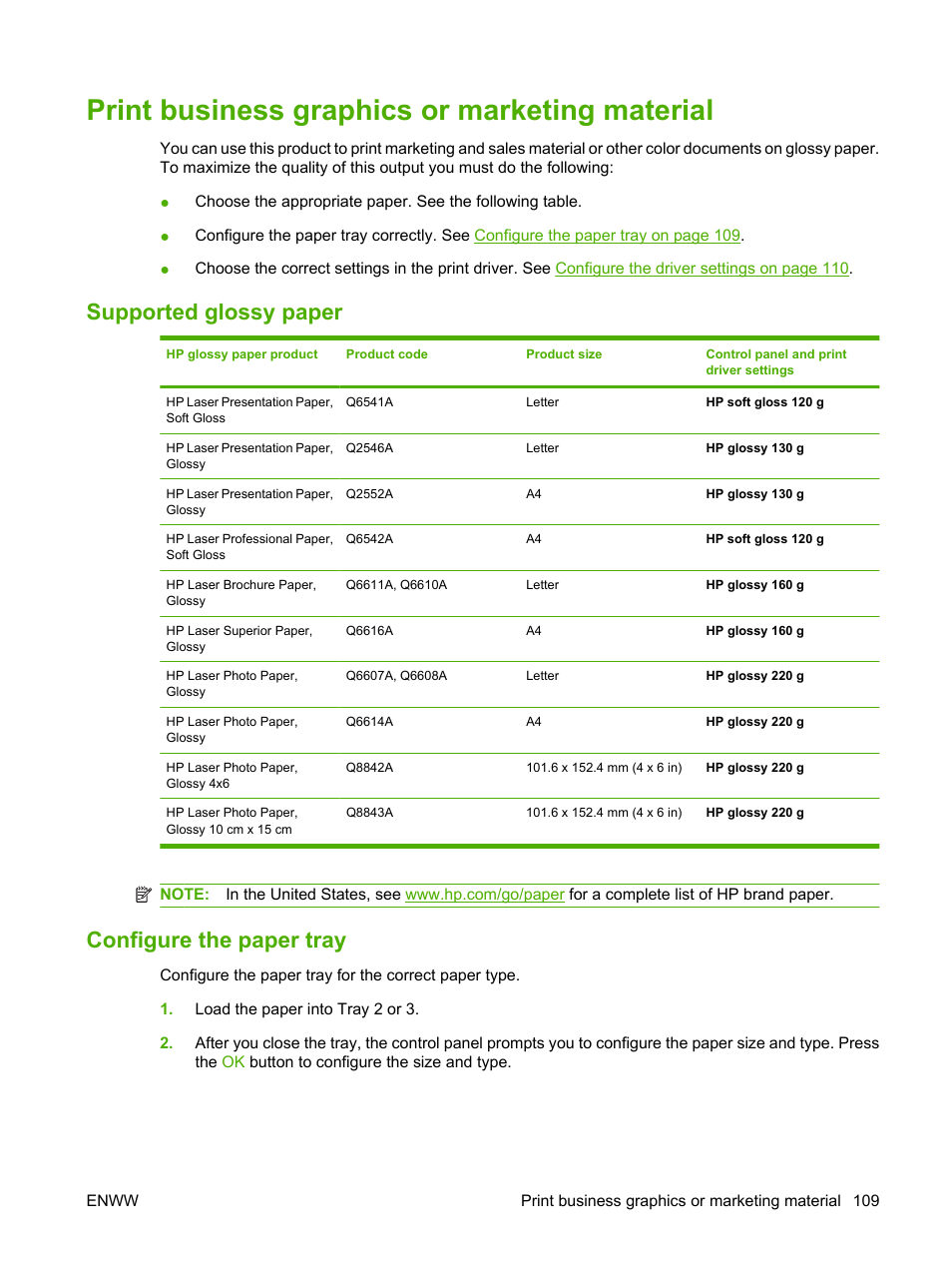 Print business graphics or marketing material, Supported glossy paper, Configure the paper tray | Supported glossy paper configure the paper tray | HP Color LaserJet CP3520 Printer Series User Manual | Page 121 / 264