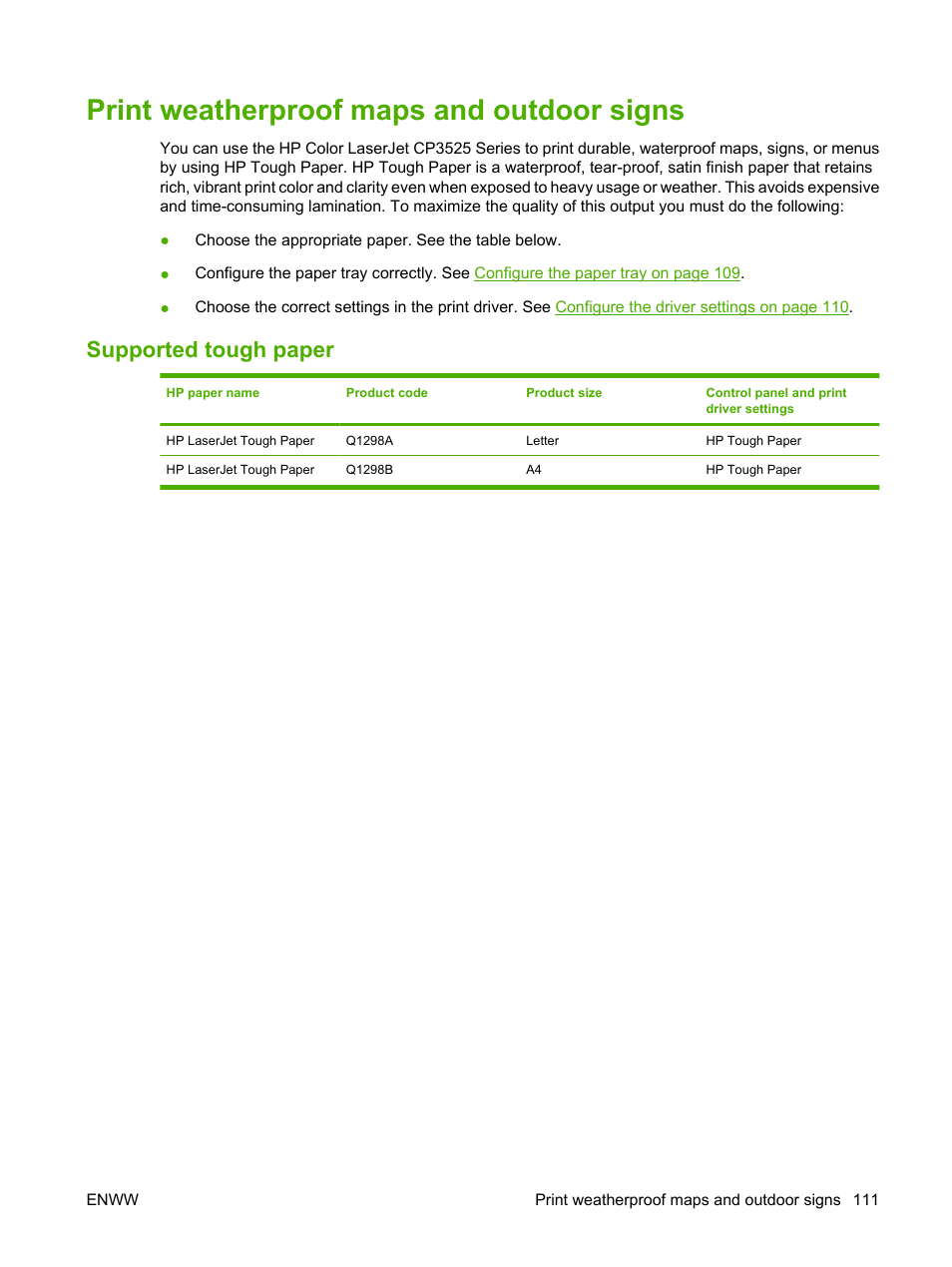 Print weatherproof maps and outdoor signs, Supported tough paper | HP Color LaserJet CP3520 Printer Series User Manual | Page 123 / 264