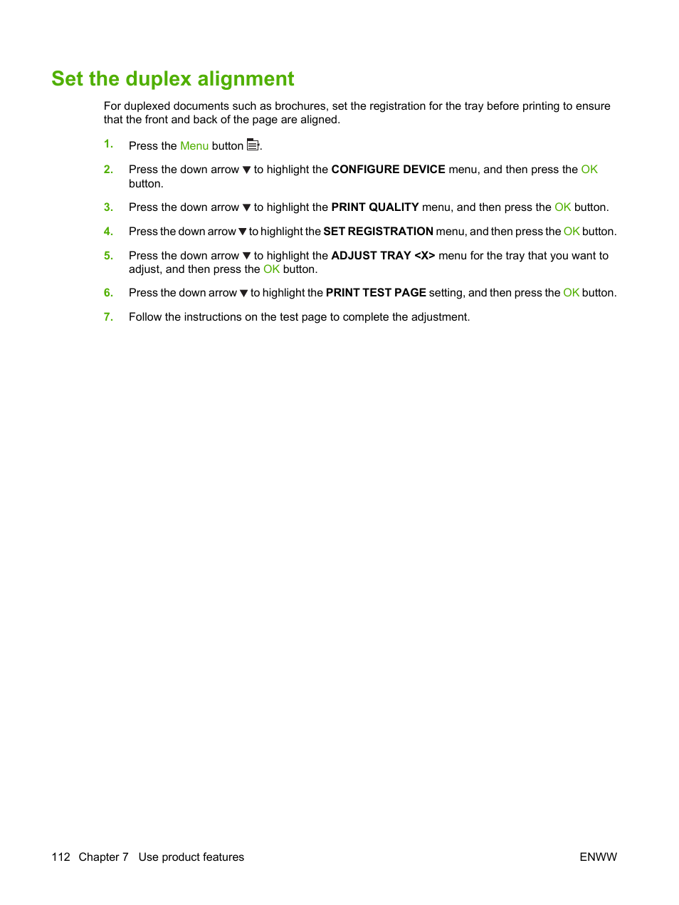 Set the duplex alignment | HP Color LaserJet CP3520 Printer Series User Manual | Page 124 / 264