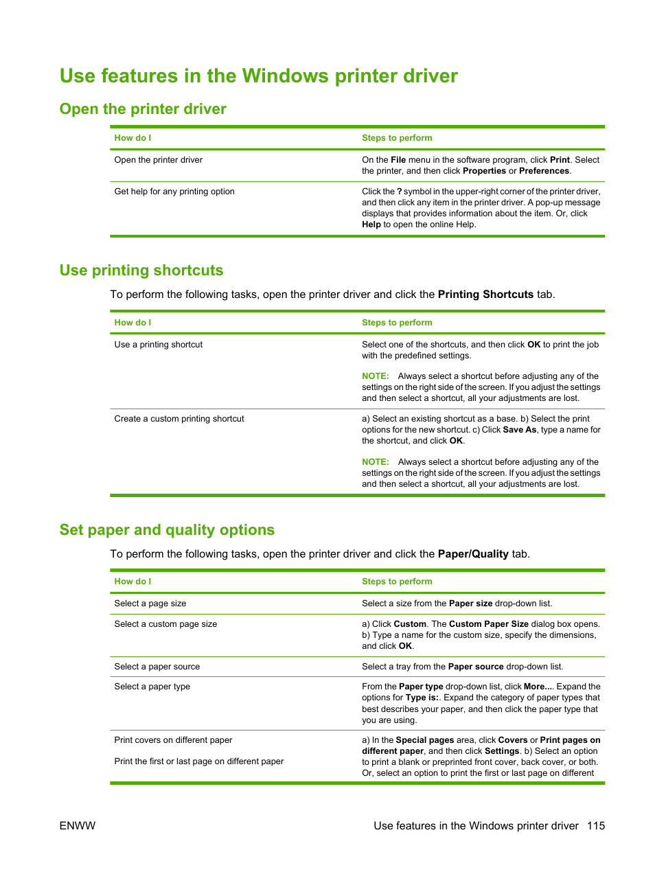 Use features in the windows printer driver, Open the printer driver, Use printing shortcuts | Set paper and quality options | HP Color LaserJet CP3520 Printer Series User Manual | Page 127 / 264