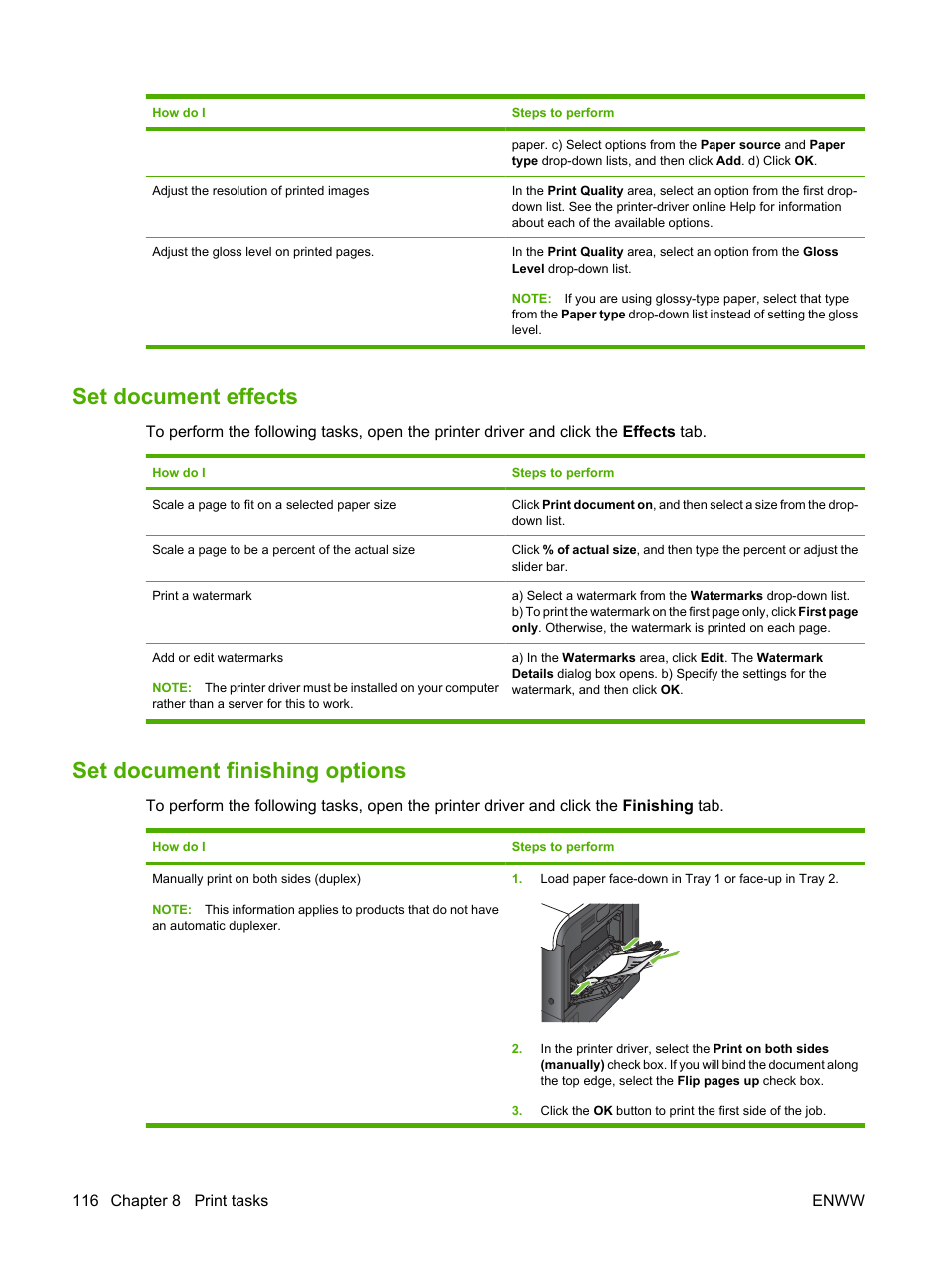 Set document effects, Set document finishing options | HP Color LaserJet CP3520 Printer Series User Manual | Page 128 / 264