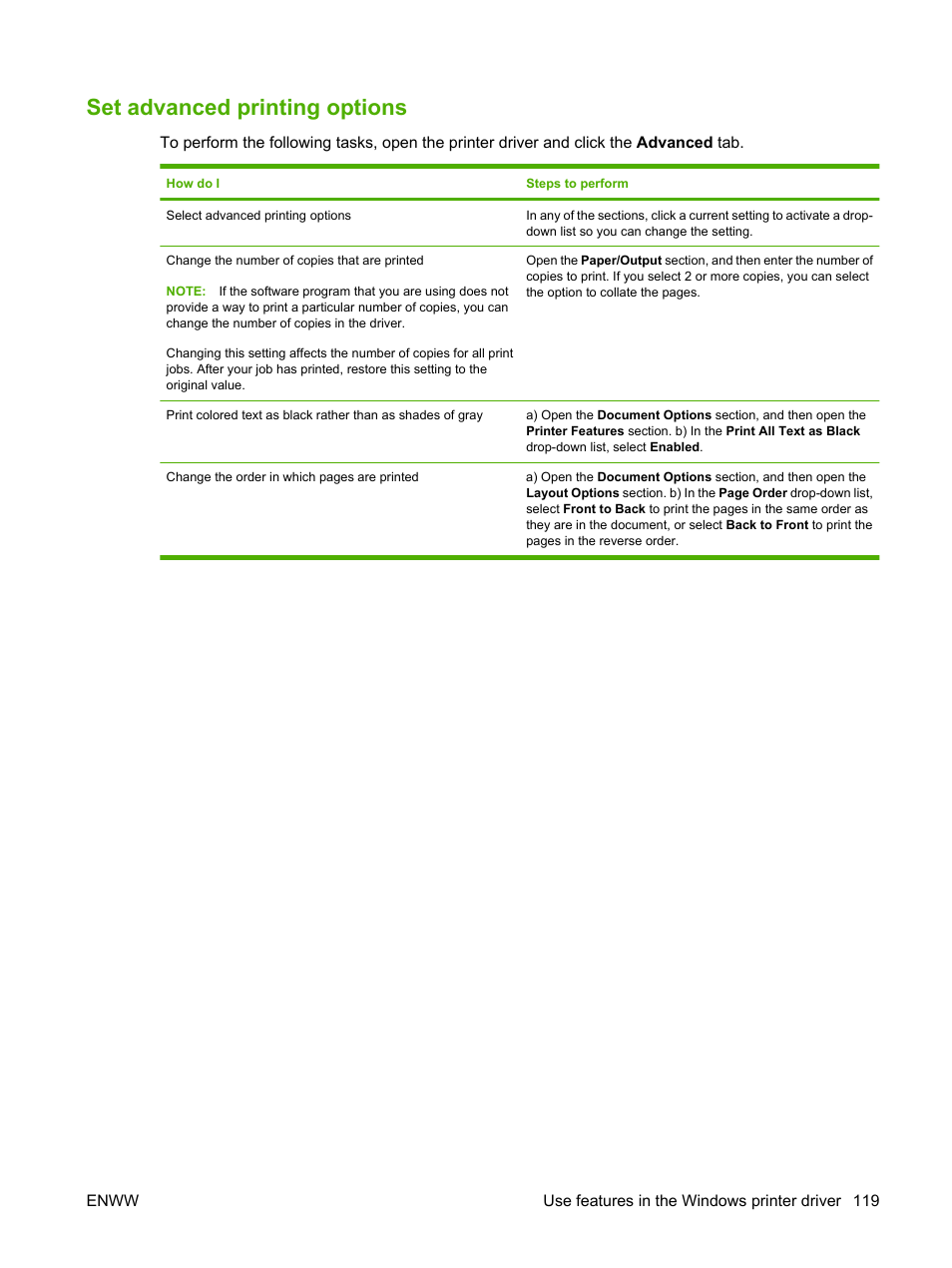 Set advanced printing options | HP Color LaserJet CP3520 Printer Series User Manual | Page 131 / 264