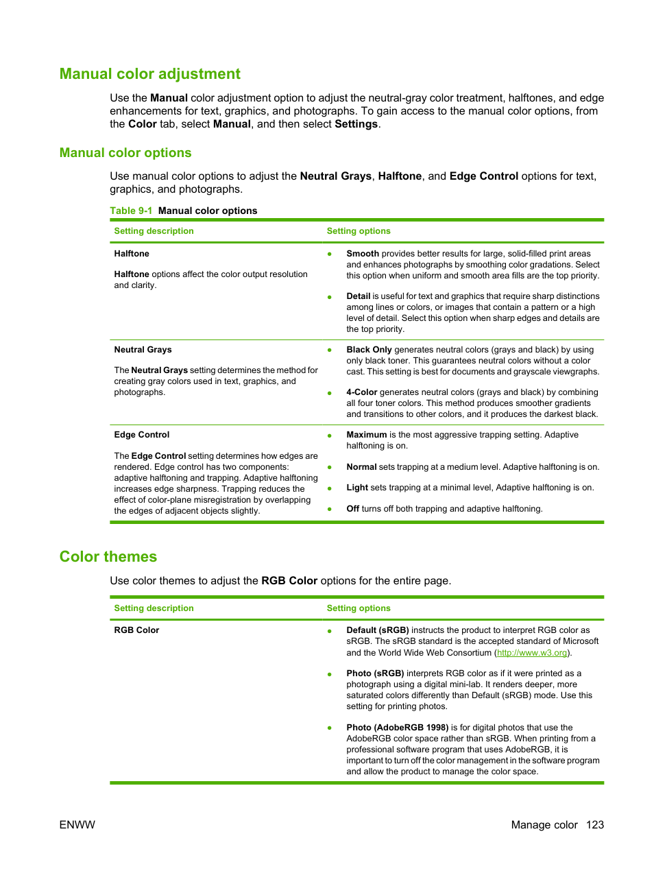 Manual color adjustment, Manual color options, Color themes | HP Color LaserJet CP3520 Printer Series User Manual | Page 135 / 264