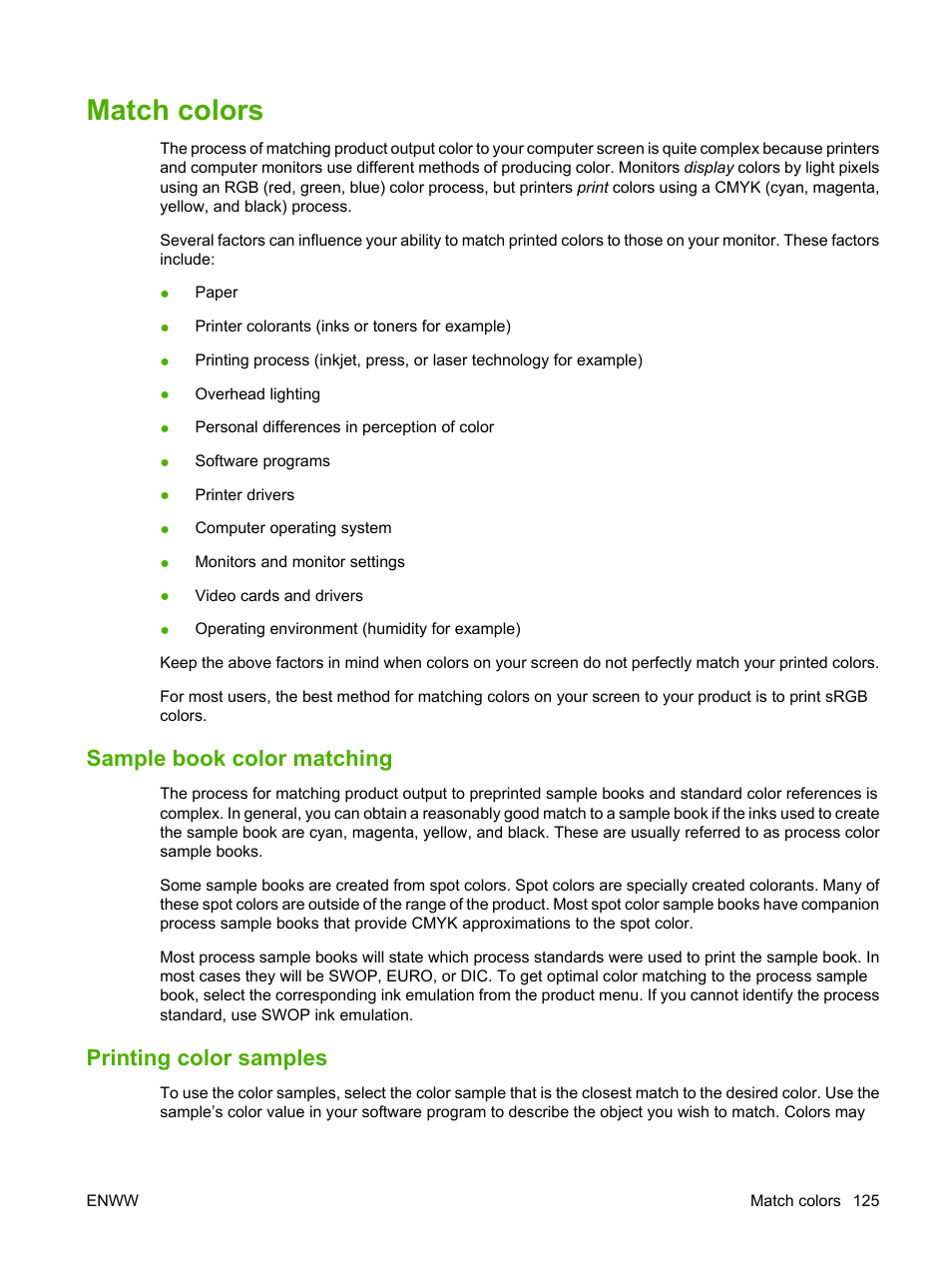 Match colors, Sample book color matching, Printing color samples | Sample book color matching printing color samples | HP Color LaserJet CP3520 Printer Series User Manual | Page 137 / 264