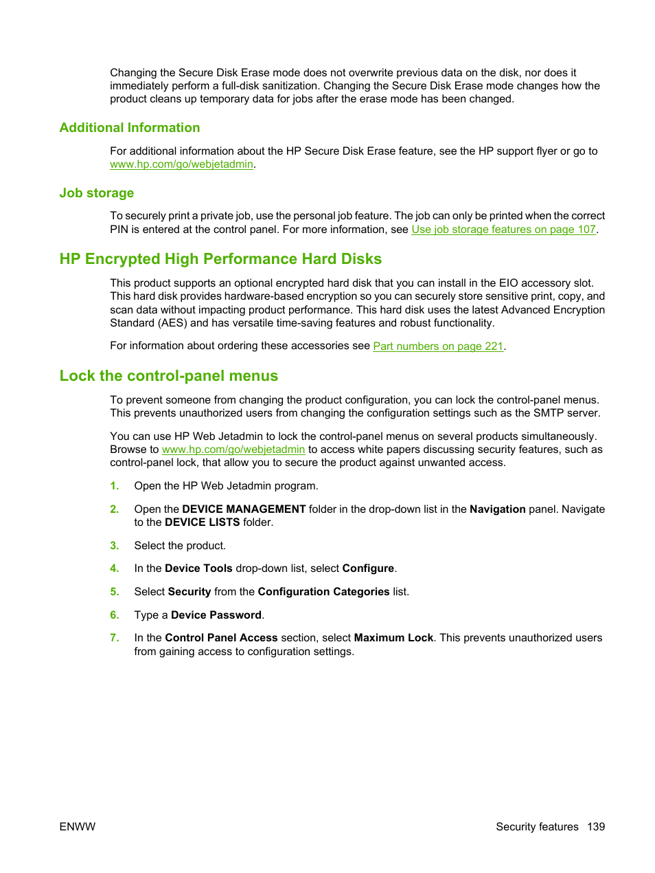 Additional information, Job storage, Hp encrypted high performance hard disks | Lock the control-panel menus, Additional information job storage | HP Color LaserJet CP3520 Printer Series User Manual | Page 151 / 264