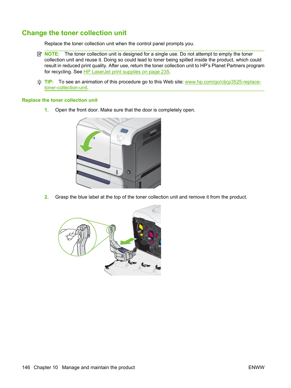 Change the toner collection unit | HP Color LaserJet CP3520 Printer Series User Manual | Page 158 / 264