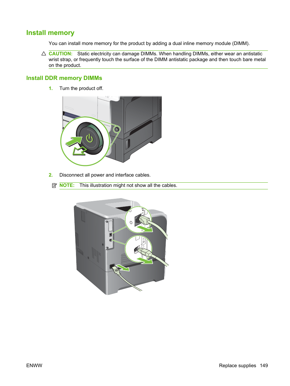 Install memory, Install ddr memory dimms | HP Color LaserJet CP3520 Printer Series User Manual | Page 161 / 264