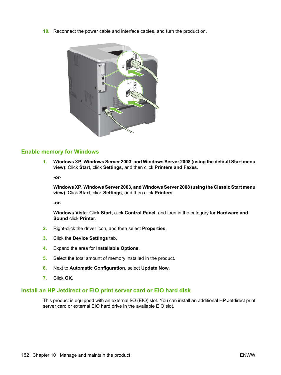 Enable memory for windows | HP Color LaserJet CP3520 Printer Series User Manual | Page 164 / 264