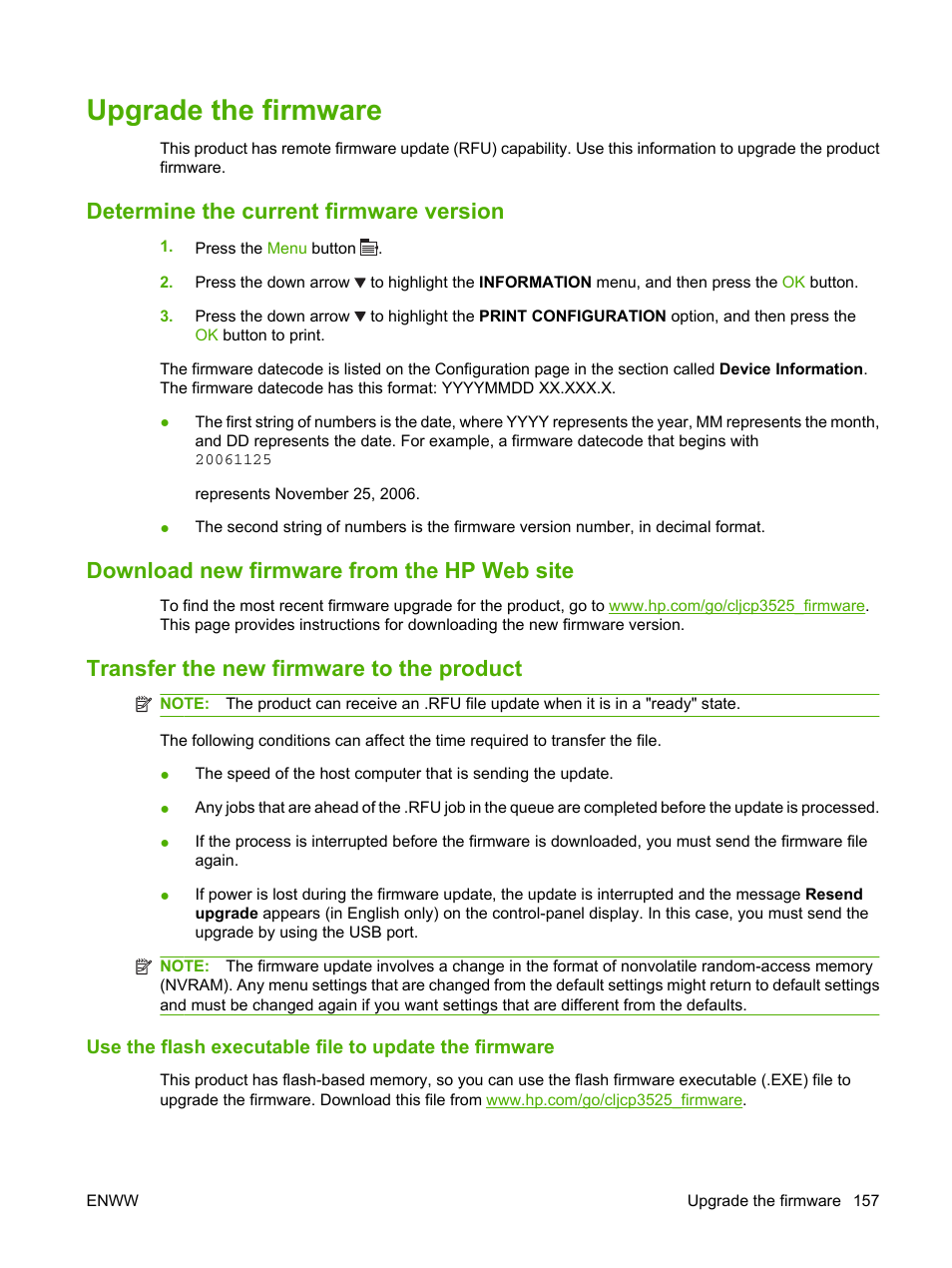 Upgrade the firmware, Determine the current firmware version, Download new firmware from the hp web site | Transfer the new firmware to the product | HP Color LaserJet CP3520 Printer Series User Manual | Page 169 / 264