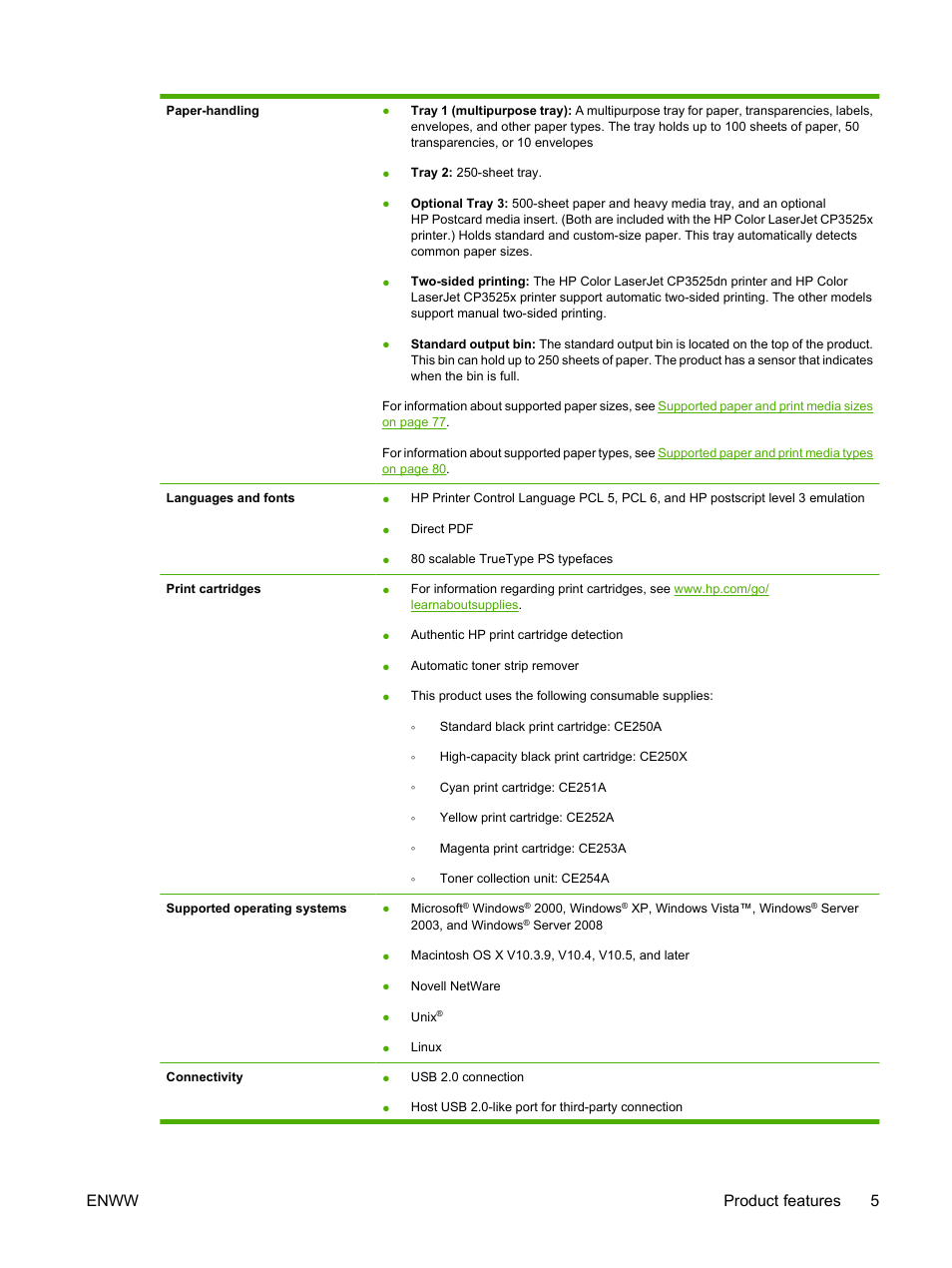 Enww product features 5 | HP Color LaserJet CP3520 Printer Series User Manual | Page 17 / 264