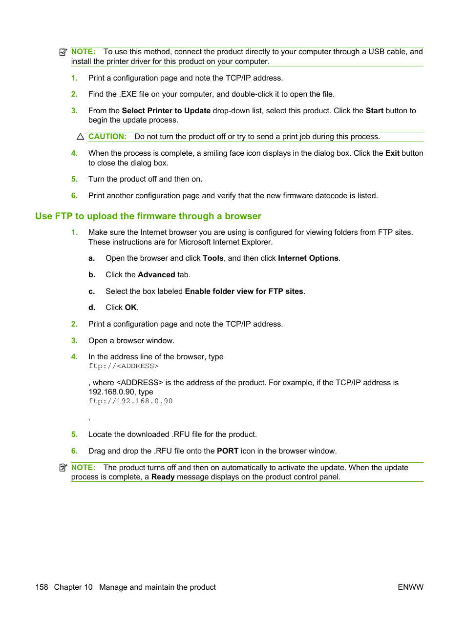 Use ftp to upload the firmware through a browser | HP Color LaserJet CP3520 Printer Series User Manual | Page 170 / 264