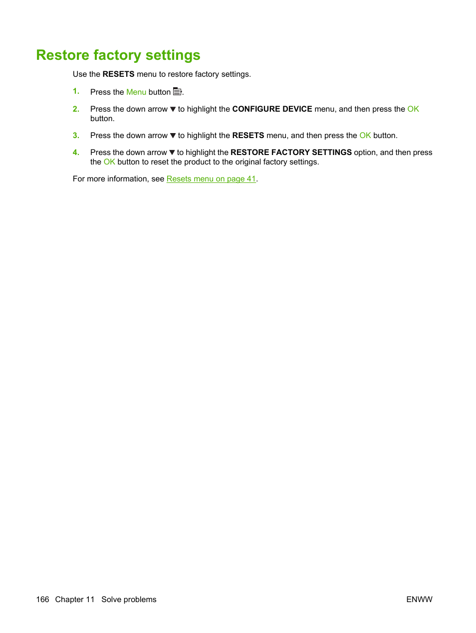 Restore factory settings | HP Color LaserJet CP3520 Printer Series User Manual | Page 178 / 264